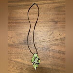 Handmade Murano 2” leaf shaped gold, green, brown glass pendant & leather cord.